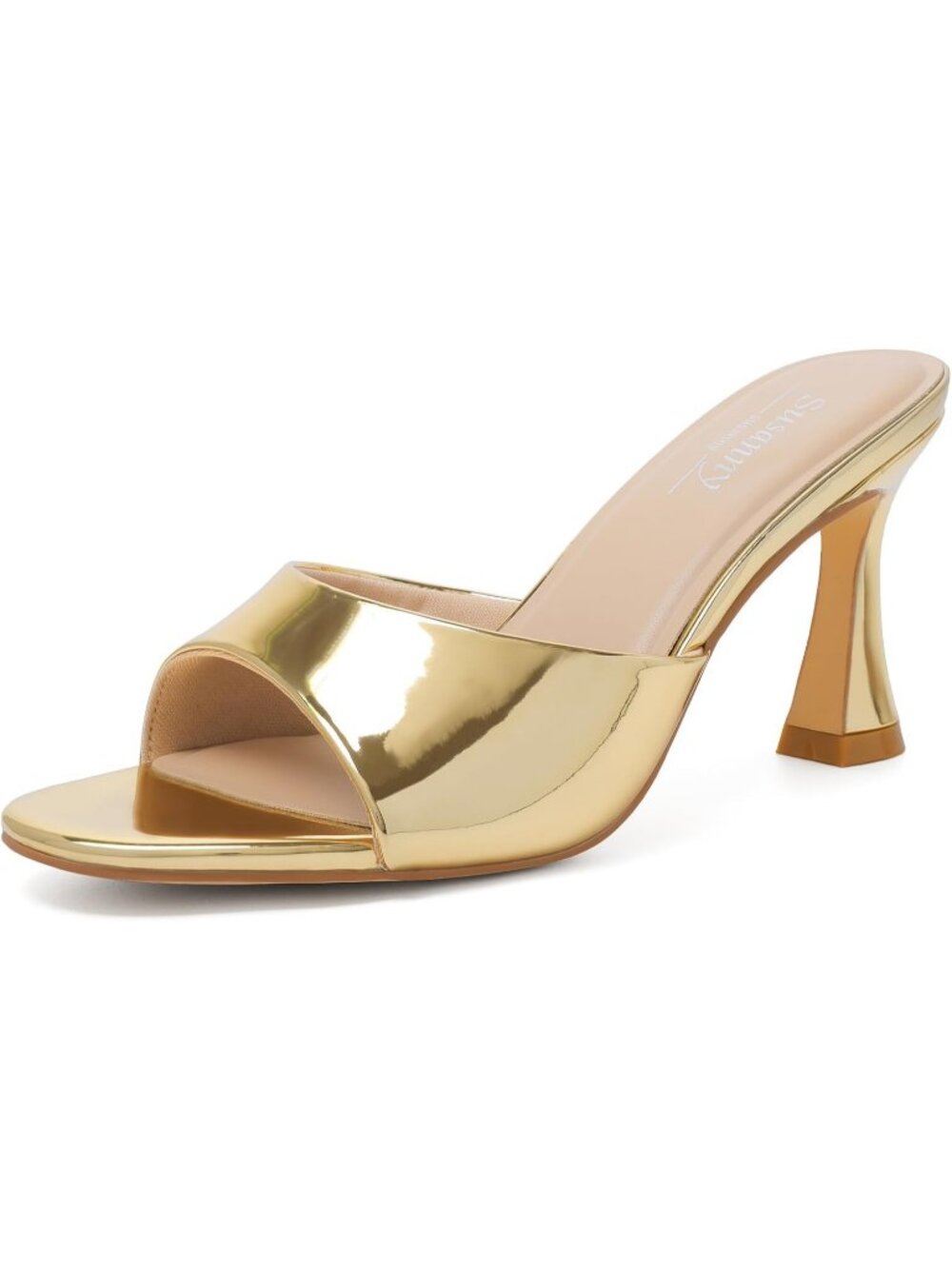 Womens Gold Mule Pointed Open Toe Strappy Chunky Block Stiletto High Heels Shoes